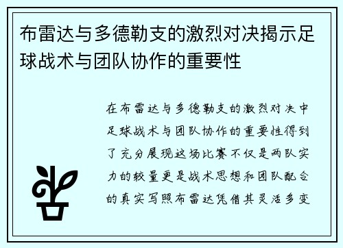 布雷达与多德勒支的激烈对决揭示足球战术与团队协作的重要性